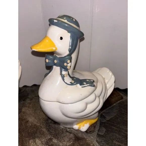 Vintage Goose Cookie jars Set 4 Blue Polka Dot Farmhouse Cottagecore - Picture 7 of 15